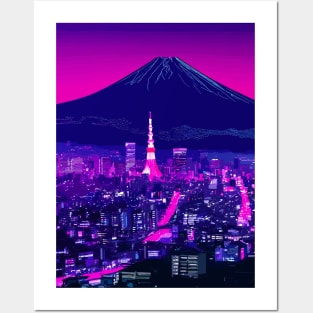 Tokyo City Japan Neon Mount Fuji Future Cyberpunk Art Posters and Art